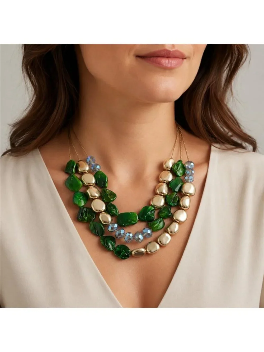 Green Dyed Mother of Pearl Gold Nugget Crystal Triple Strand Necklace 21 in Vtg.